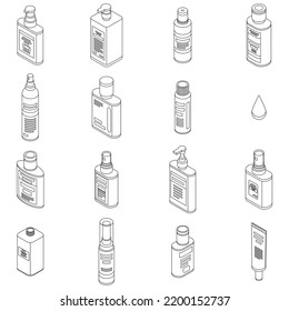 Antiseptic icons set. Isometric set of antiseptic vector icons outline thin lne isolated on white