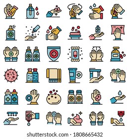 Antiseptic icons set. Outline set of antiseptic vector icons thin line color flat on white