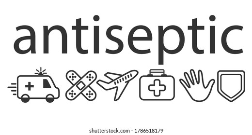 antiseptic label. ambulance, adhesive plaster, plane, first aid kit, protection, hand disinfection. vector icon.