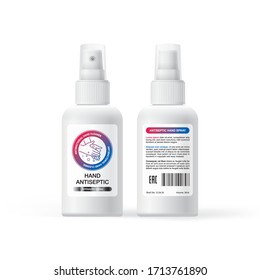 Antiseptic label design, medical spray for cleaning hands from bacteria, ready-made design for presentations to the customer. illustration of hand cleaning and washing