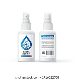 Antiseptic label design, medical spray for cleaning hands from bacteria, ready-made design for presentations to the customer. illustration of hand cleaning and washing	