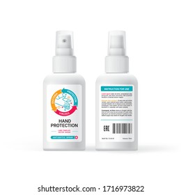 Antiseptic, label design, medical spray for cleaning hands from bacteria, ready-made design for presentations to the customer. Symbol protecting hands from bacteria and viruses