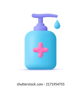 Antiseptic Liquid Hand Sanitizer Soap Disinfectant Pump Bottle. Hygiene, Healthcare, Medicine Concept. 3d Vector Icon. Cartoon Minimal Style.