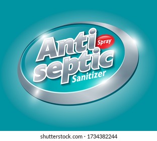 Antiseptic logo and label. Sanitizer, antiseptic and virus protection for hands and body. Glossy silver lettering on turquoise badge.