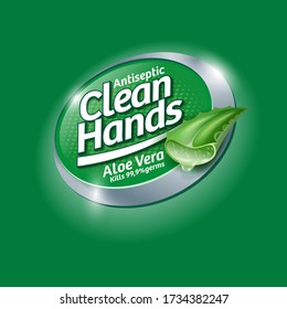 Antiseptic logo and label. Sanitizer, antiseptic and virus protection for hands and body. Glossy silver lettering on green badge.