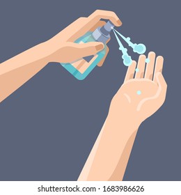 Antiseptic on grey backdrop. Hand disinfect for social banner or propaganda, hygiene promotion, medical poster, web template. Chemist shop logo or info card. Minimal style stock vector illustration