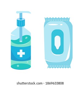 Antiseptic and a pack of wipes. Medical elements for disinfection. Vector flat illustration
