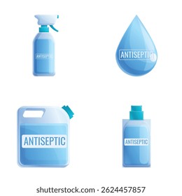 Antiseptic packaging icons set cartoon vector. Spray dispenser and bottle. Virus and germ protection