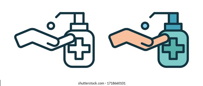 Icono del frasco antiséptico. Manos empujando la bomba del dispensador. Icono de la línea de jabón antiséptico líquido. Protección contra el covid 19, coronavirus. Cuidado personal, artículo de higiene, símbolo. Símbolo de esquema. Ilustración vectorial.