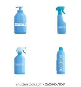 Antiseptic sanitizer icons set cartoon vector. Spray dispenser and bottle. Virus and germ protection
