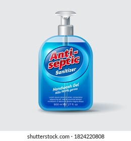 Antiseptic sanitizer label and packaging. Bottle with dispenser and transparent liquid. Virus  and germs Protection for hands and body. Glossy red lettering on round badge.