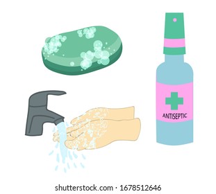ANTISEPTIC, soap, washing hands, hands under water Isolated on a white background. Antiviral agent. Coronavirus protection. Hygiene