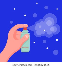 Antiseptic spray. Bare hand holding sanitizer bottle, releasing disinfectant mist against a dark blue background. Used for hygiene, infection prevention, and sterilization