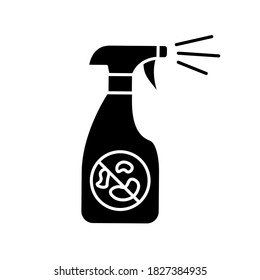 Antiseptic spray black glyph icon. Sterilization product, disinfectant. Home cleaning, housekeeping silhouette symbol on white space. Sprayer bottle with detergent vector isolated illustration