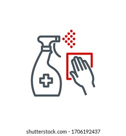 Antiseptic Spray Bottle With Hand Single Line Icon Isolated On White. Outline Symbol Cleaner Coronavirus Pandemic Banner. Quality Design Element Antibacterial Disinfect Surfaces With Editable Stroke