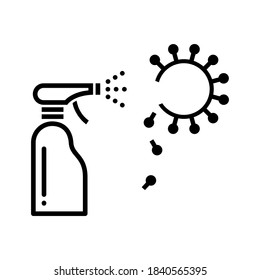 Antiseptic spray for disinfecting hands and surfaces. Prevention against coronavirus infection. Vector black and white illustration with lines.