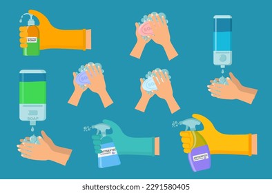 Antiseptic spray in flask kills bacteria Corona. Soap, antiseptic gel and other hygienic products from coronavirus. Hygiene icons set. Antibacterial concept. Alcohol liquid, pump spray bottle. Vector