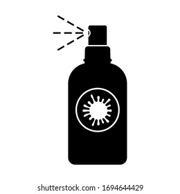 Antiseptic spray for hands icon. Black silhouette of the bottle. The side view is vertical. Vector graphic illustration. Isolated object on a white background. Isolate.