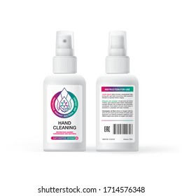 Antiseptic spray label design, concept of a drop on the palm inside which is a coronavirus bacterium. Medical label design for virus protection COVID-19