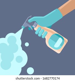 Spray antiséptico sobre fondo gris. Limpieza sanitaria para banner social, promoción de la higiene, afiche médico, volante de atención médica. Logo de la tienda química o tarjeta de información. Ilustración vectorial de estilo mínimo