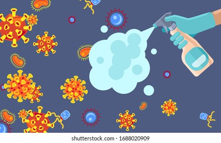 Antiseptic spray on grey backdrop. Bacterial disinfection for social banner, hygiene promotion, medical poster, info card. Chemist shop or cleaning agency logo. Minimal style stock vector illustration