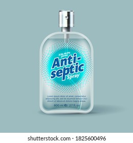 Antiseptic spray sanitizer label and packaging. Bottle with dispenser and transparent liquid. Antibacterial liquid, antiviral and germs protection for hands and body. 