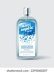 Antiseptic spray sanitizer label and packaging. Bottle with dispenser. Antibacterial liquid, antiviral and germs protection for hands and body. 