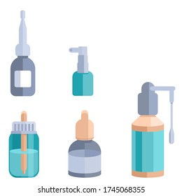 Antiseptic spray sticker set on white isolated backdrop. Nasal drops for social banner, web element, healthcare or medical poster. Online chemist shop, info card. Flat style stock vector illustration