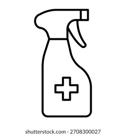 Icono de línea delgada de aerosol antiséptico, concepto de higiene. Gráficos de Vector. Botella de aerosol y signo de cruz médica sobre fondo blanco, icono de estilo de contorno para móvil o Diseño web