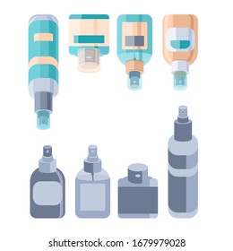 Pegatina antiséptica colocada sobre fondo blanco aislado. Conjunto de botellas para banner social, promoción de la higiene, afiche médico. Logo de la tienda química o tarjeta de información. Ilustración vectorial de estilo mínimo