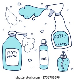 Antiseptic sticker set on white isolated backdrop. Spray for social banner, hygiene promotion, medical poster, healthcare flyer. Chemist shop logo or info card. Doodle style stock vector illustration