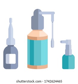 Antiseptic sticker set on white isolated backdrop. Nasal spray for social banner, web element, health care and medical poster. Online chemist shop, info card. Flat style stock vector illustration