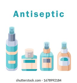 Texto antiséptico con espacio de copia en fondo blanco aislado. Conjunto de botellas para banner social, promoción de la higiene, afiche médico. Logo de la tienda química o tarjeta de información. Ilustración vectorial de estilo mínimo