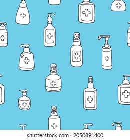 antiseptics pattern seamless.Coronavirus protection and disinfection.Soap bottle pattern seamless,pattern for cleaning products. Seamless pattern with antiseptics. Virus prevention background.	