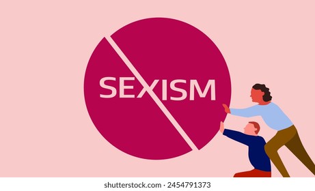 anti-sexism emblem, man and woman trying to restore balance, flat color illustration