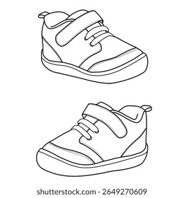 Anti-slip high-top ankle sneakers. Baby shoes, and infant pre-walker non-slip shoes.  Hand-drawn illustration sneakers with velcros and string.