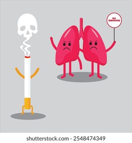 anti-smoking campaign vector showing two lungs carrying a no smoking sign meeting a smoking cigarette with a skull