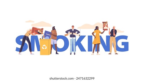 Anti-smoking Poster Concept Showcasing Diverse Group Of People Discarding Smoking Habit, Vector Banner Or Flyer