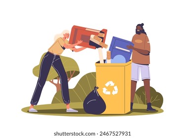 Anti-smoking Vector Concept Featuring Two People Disposing Of Oversized Cigarette Packs Into A Recycling Bin