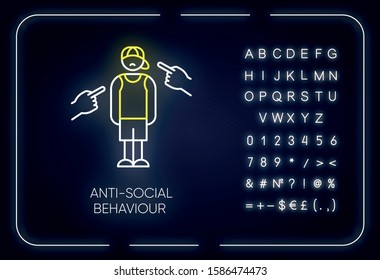 Anti-social behaviour neon light icon. Harassment and bullying. Teenager depression. Agressive public. Mental disorder. Glowing sign with alphabet, numbers and symbols. Vector isolated illustration