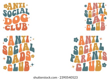  Club de perros antisociales, Club de gatos antisociales, Club de padres antisociales, camiseta retro ondulada del Antisocial