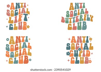  Antisocial lift Club, Antisocial butterfly Club, Antisocial social Club, Anti-Social Cupid Club retro wavy T-shirt designs