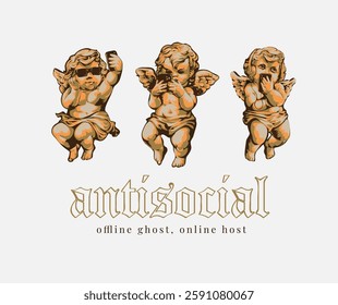 antisocial slogan with vintage angel and smartphone vector illustration created by hand drawn without the use of any form of AI software at any stage