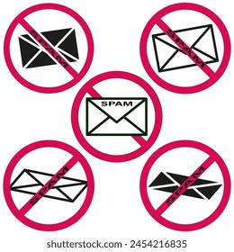 Anti-spam email icons set. Prohibited message symbols. Internet security concept. Color and black design. Vector illustration. EPS 10.