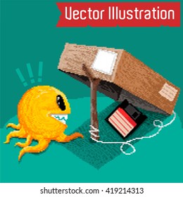 Anti-spyware software delays. Hipster strangling virus. Advertising Antivirus. Vector illustration.