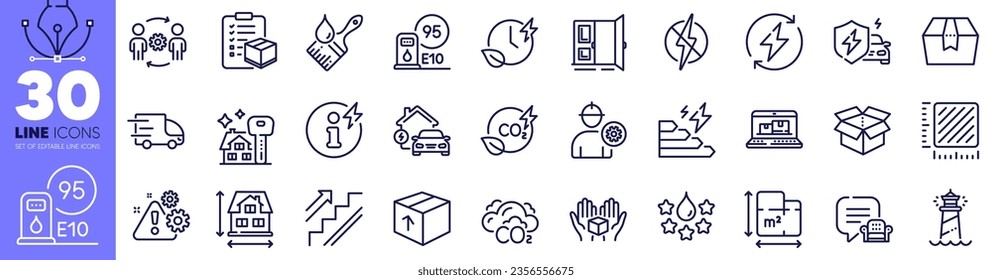 Antistatic, Lighthouse and Package line icons pack. Hold box, Brush, Engineering team web icon. Open box, Car charging, Renewable power pictogram. Engineer, Floor plan, Power info. Vector