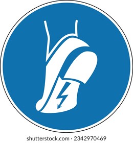 Antistatic shoe sign. Mandatory sign wear antistatic shoes. Round blue sign with a boot and a zip on the sole. Beware of static electricity. Wear safety shoes.