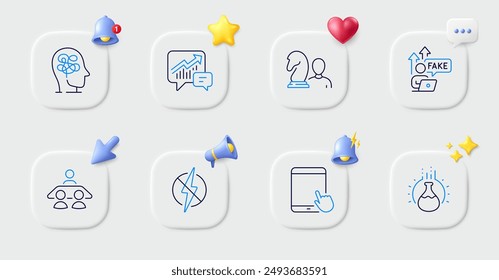 Antistatic, Stress and Chess line icons. Buttons with 3d bell, chat speech, cursor. Pack of Interview job, Fake internet, Accounting icon. Tablet pc, Chemistry experiment pictogram. Vector