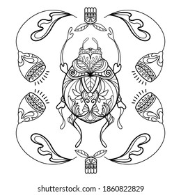 Anti-stress beetle coloring on a white background. Fairy tale insect coloring book. Meditation, Zen and Relaxation. Use for printing, design, websites.