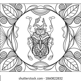 Anti-stress beetle coloring on a white background. Fairy tale insect coloring book. Meditation, Zen and Relaxation. Use for printing, design, websites.